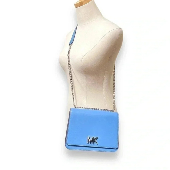 NEW Michael Kors Mott Large Two Tone Blue Leather Crossbody Silver Shoulder Bag - Picture 1 of 12